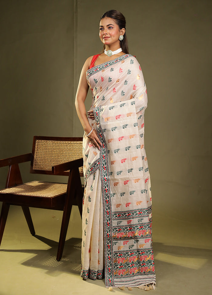 Cream Assam Silk Saree With Blouse Piece