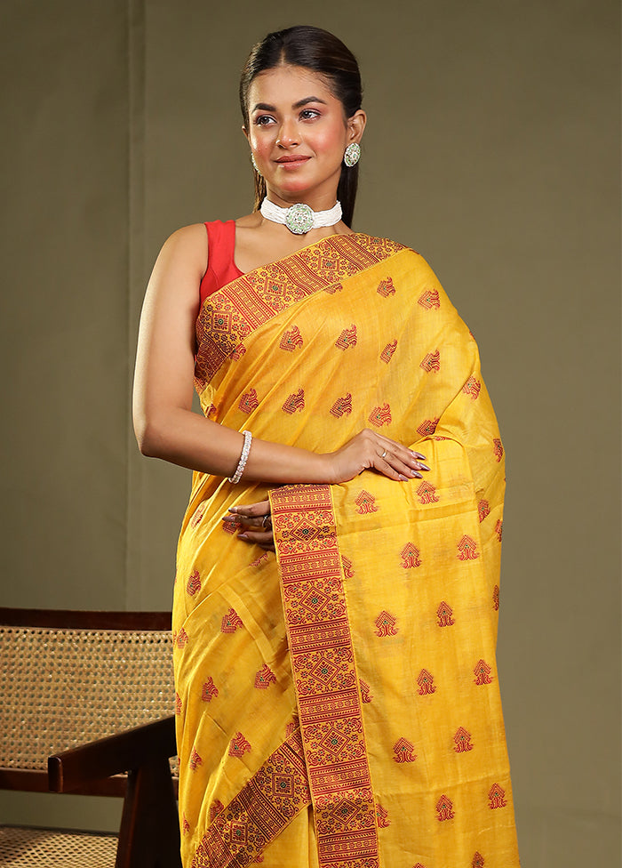 Yellow Assam Silk Saree With Blouse Piece