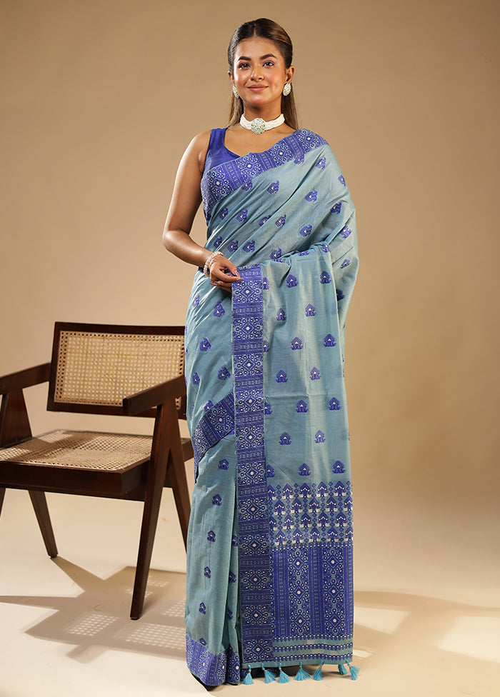 Blue Assam Silk Saree With Blouse Piece