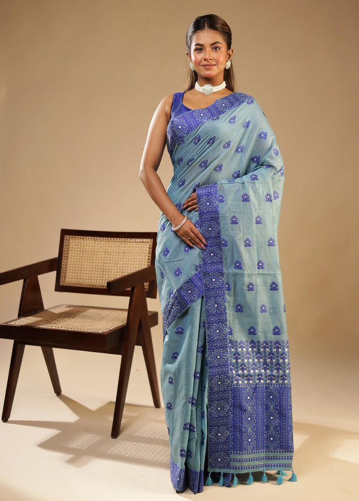 Blue Assam Silk Saree With Blouse Piece