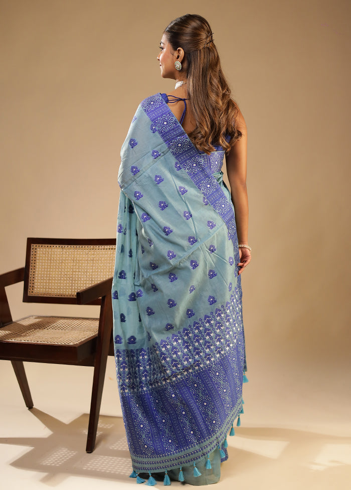 Blue Assam Silk Saree With Blouse Piece