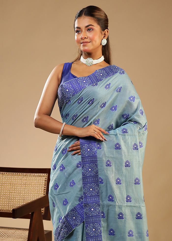 Blue Assam Silk Saree With Blouse Piece