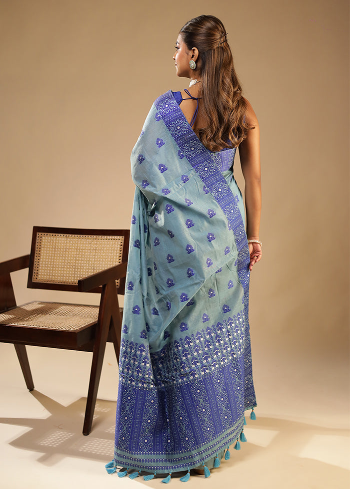 Blue Assam Silk Saree With Blouse Piece