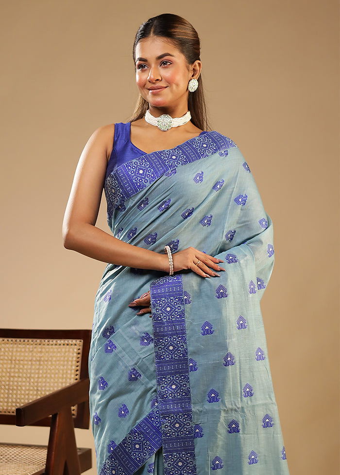 Blue Assam Silk Saree With Blouse Piece