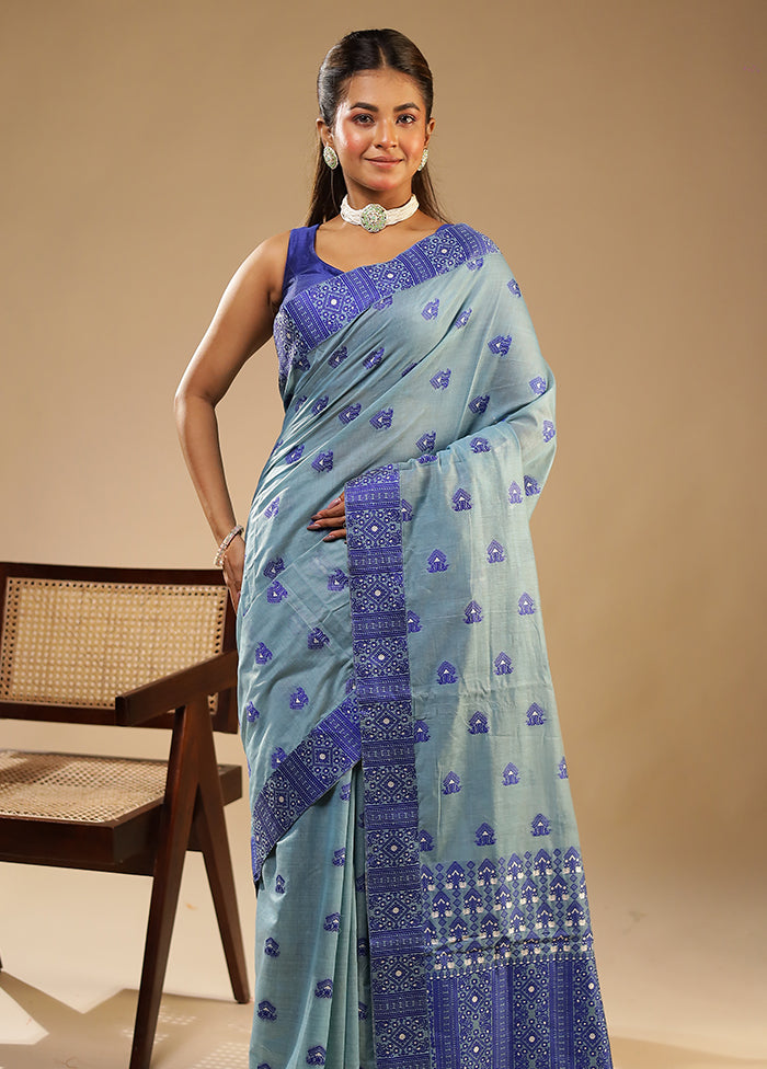 Blue Assam Silk Saree With Blouse Piece