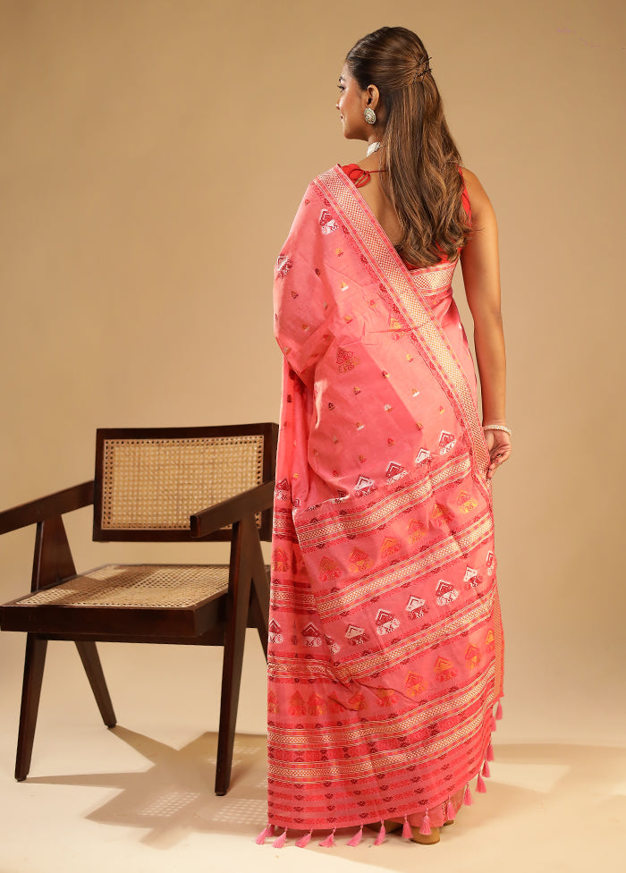 Pink Assam Silk Saree With Blouse Piece