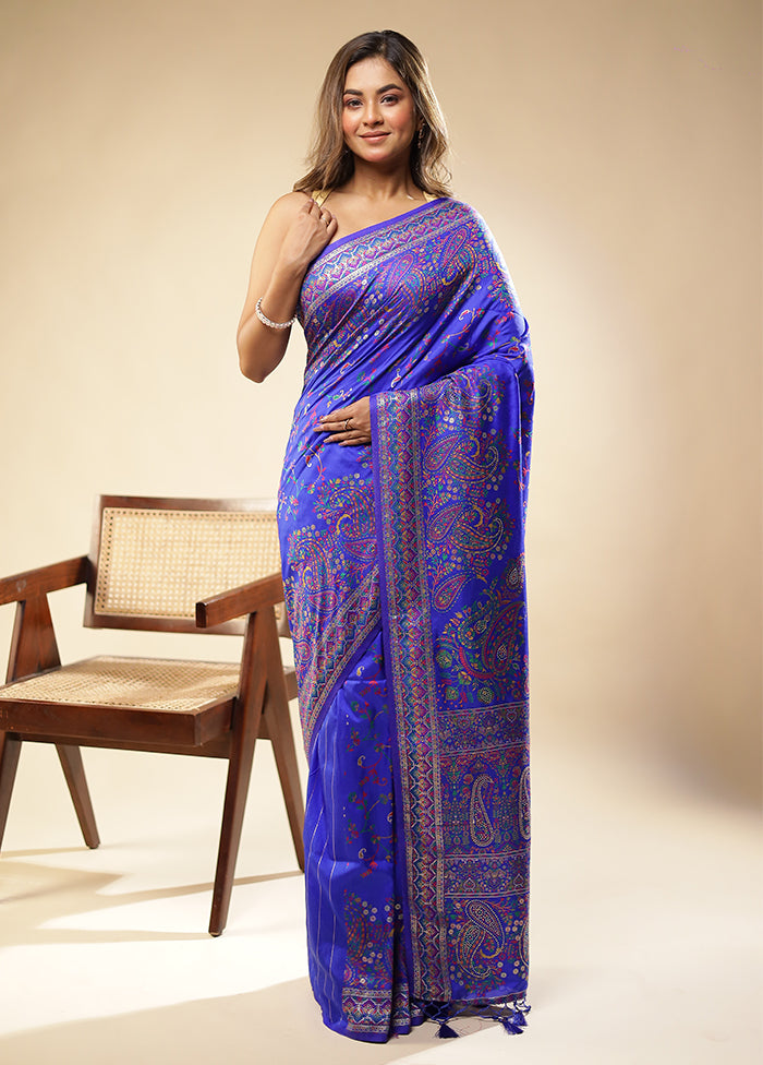 Blue Dupion Silk Saree With Blouse Piece