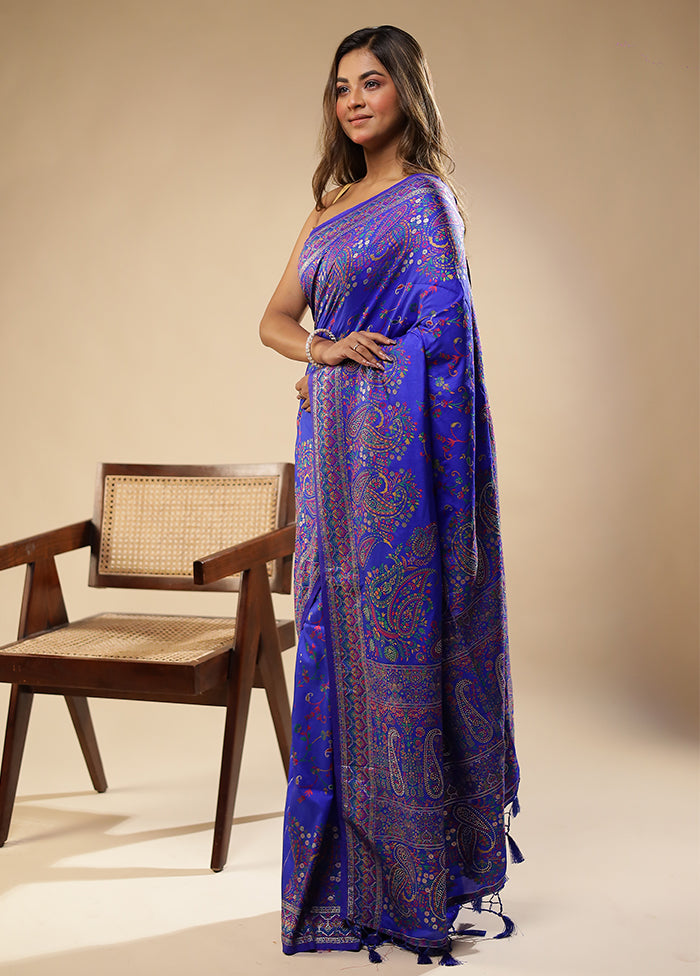 Blue Dupion Silk Saree With Blouse Piece