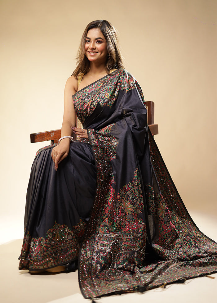 Black Dupion Silk Saree With Blouse Piece