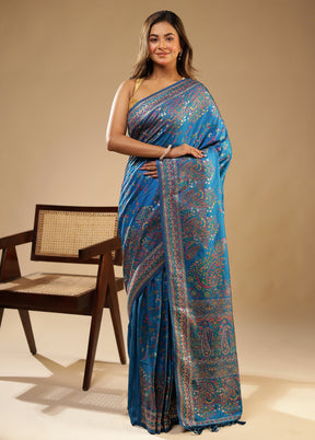 Blue Dupion Silk Saree With Blouse Piece