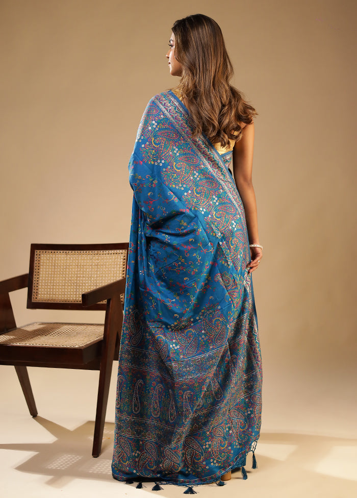 Blue Dupion Silk Saree With Blouse Piece