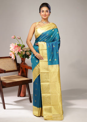 Blue Kanjivaram Silk Saree With Blouse Piece