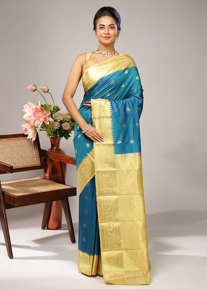Blue Kanjivaram Silk Saree With Blouse Piece