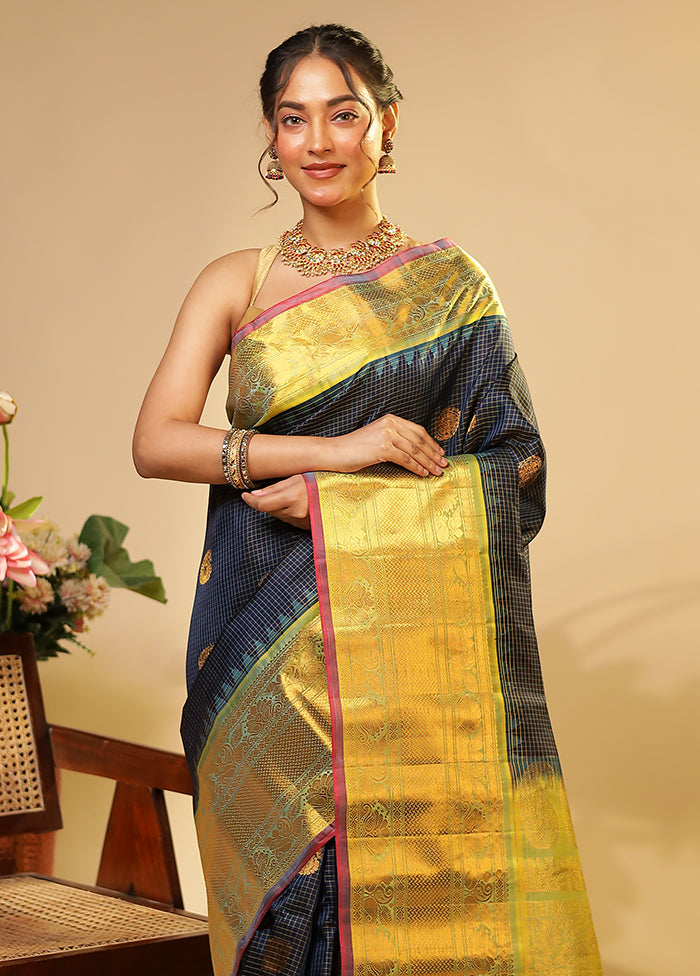 Blue Gadwal Pure Silk Saree Without Blouse Piece