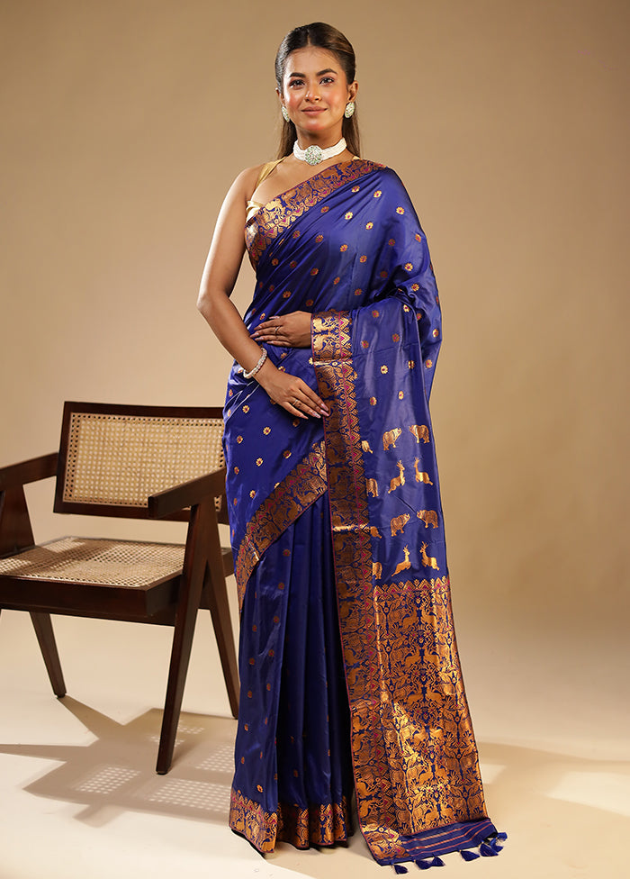 Blue Assam Silk Saree With Blouse Piece