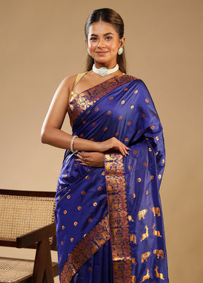 Blue Assam Silk Saree With Blouse Piece