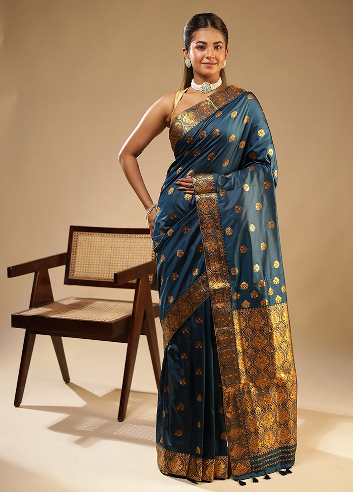 Blue Assam Silk Saree With Blouse Piece