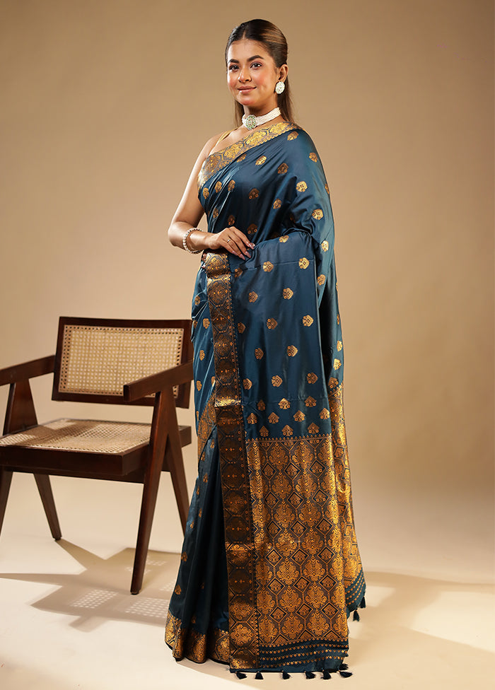 Blue Assam Silk Saree With Blouse Piece