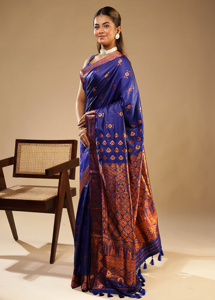 Blue Assam Silk Saree With Blouse Piece