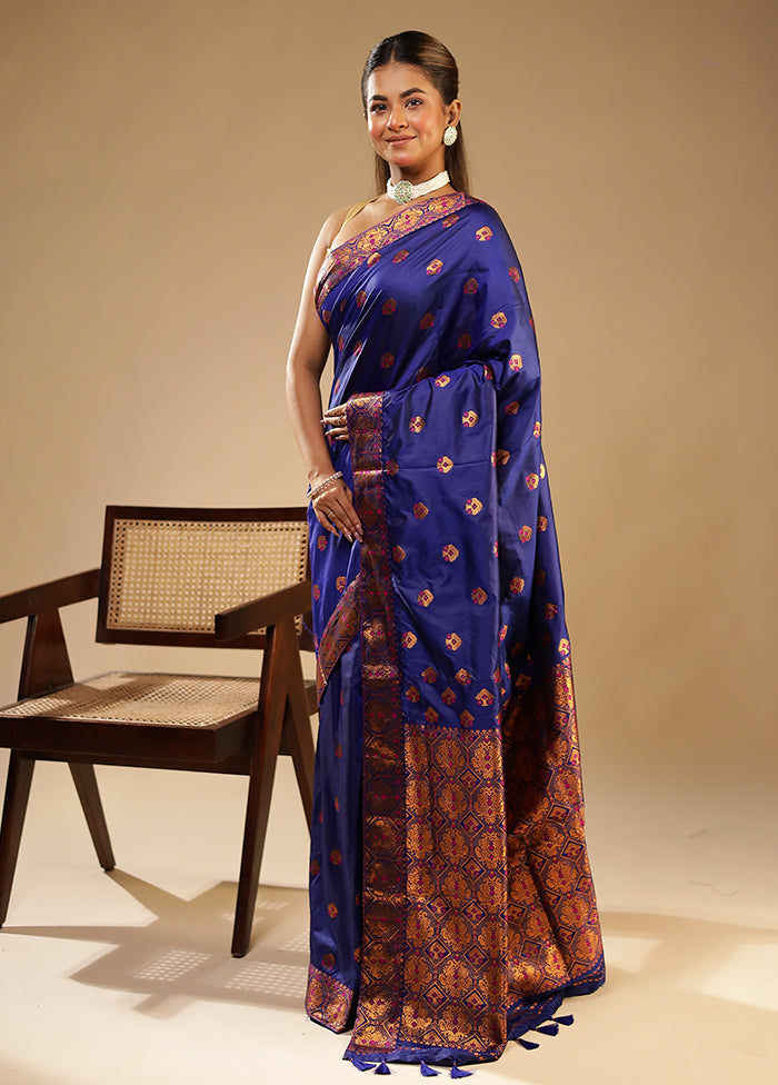 Blue Assam Silk Saree With Blouse Piece