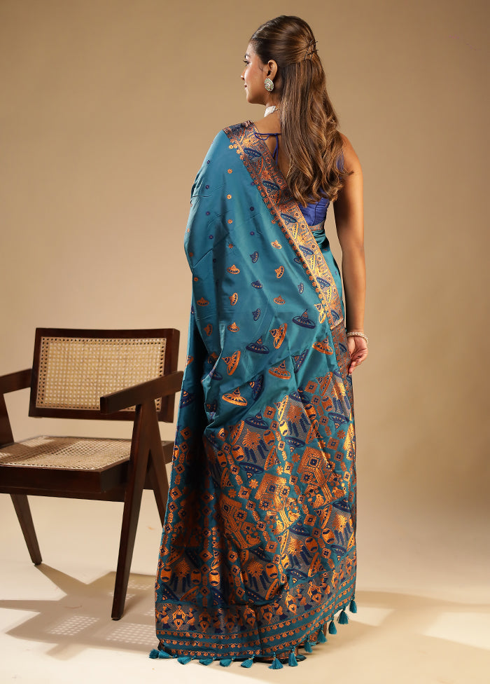 Blue Assam Silk Saree With Blouse Piece
