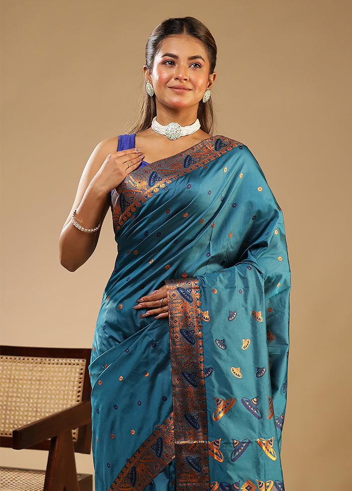 Blue Assam Silk Saree With Blouse Piece