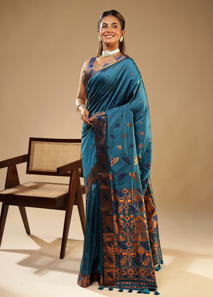 Blue Assam Silk Saree With Blouse Piece
