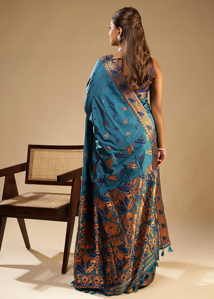 Blue Assam Silk Saree With Blouse Piece