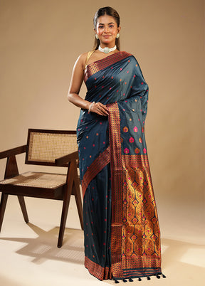 Blue Assam Silk Saree With Blouse Piece
