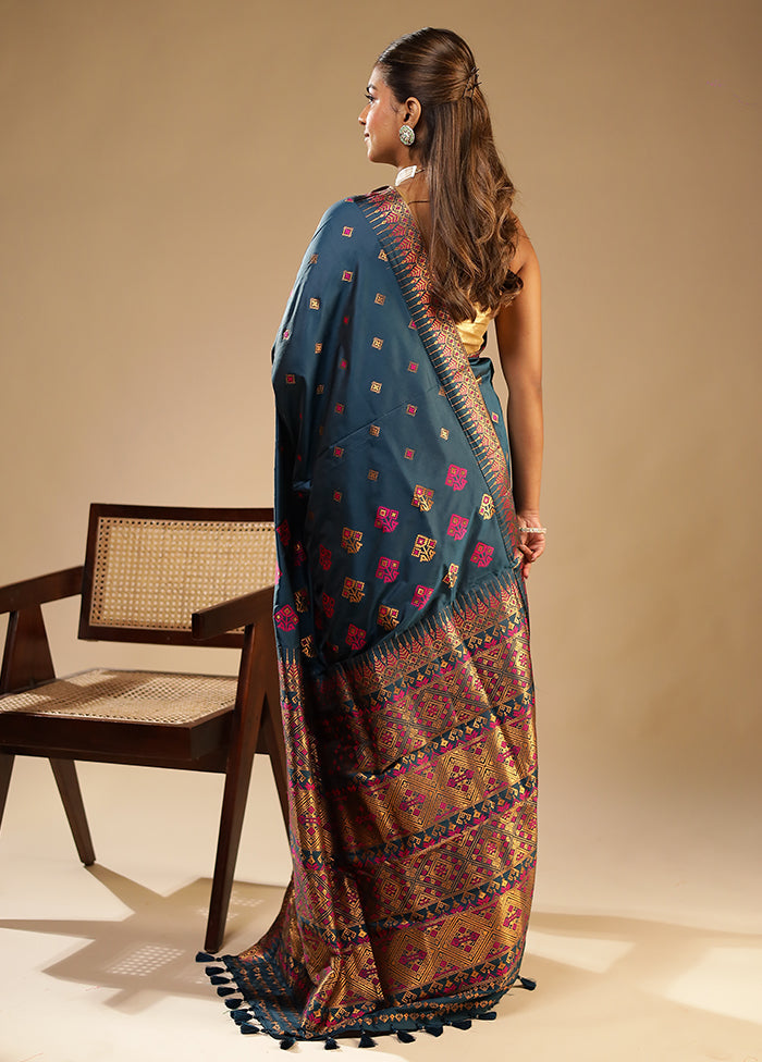 Blue Assam Silk Saree With Blouse Piece