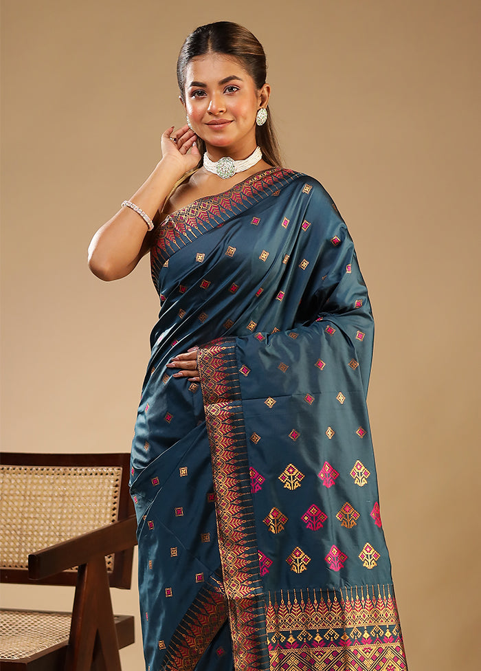 Blue Assam Silk Saree With Blouse Piece