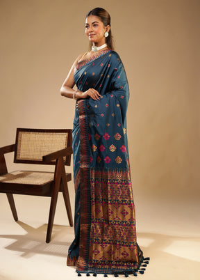 Blue Assam Silk Saree With Blouse Piece