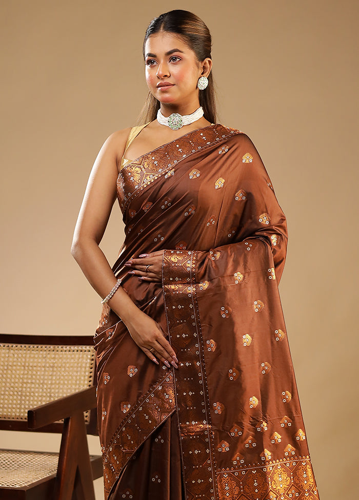Brown Assam Silk Saree With Blouse Piece