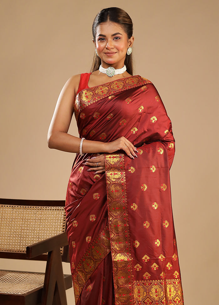 Maroon Assam Silk Saree With Blouse Piece
