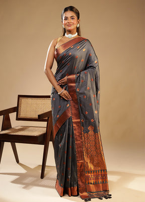 Grey Assam Silk Saree With Blouse Piece