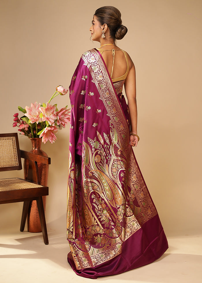 Purple Handloom Banarasi Pure Silk Saree With Blouse Piece