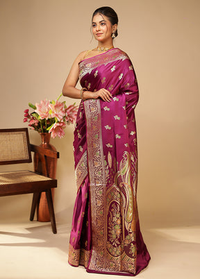 Purple Handloom Banarasi Pure Silk Saree With Blouse Piece