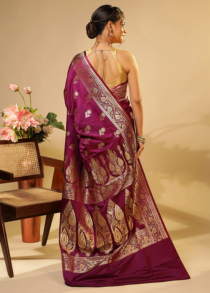 Purple Handloom Banarasi Pure Silk Saree With Blouse Piece