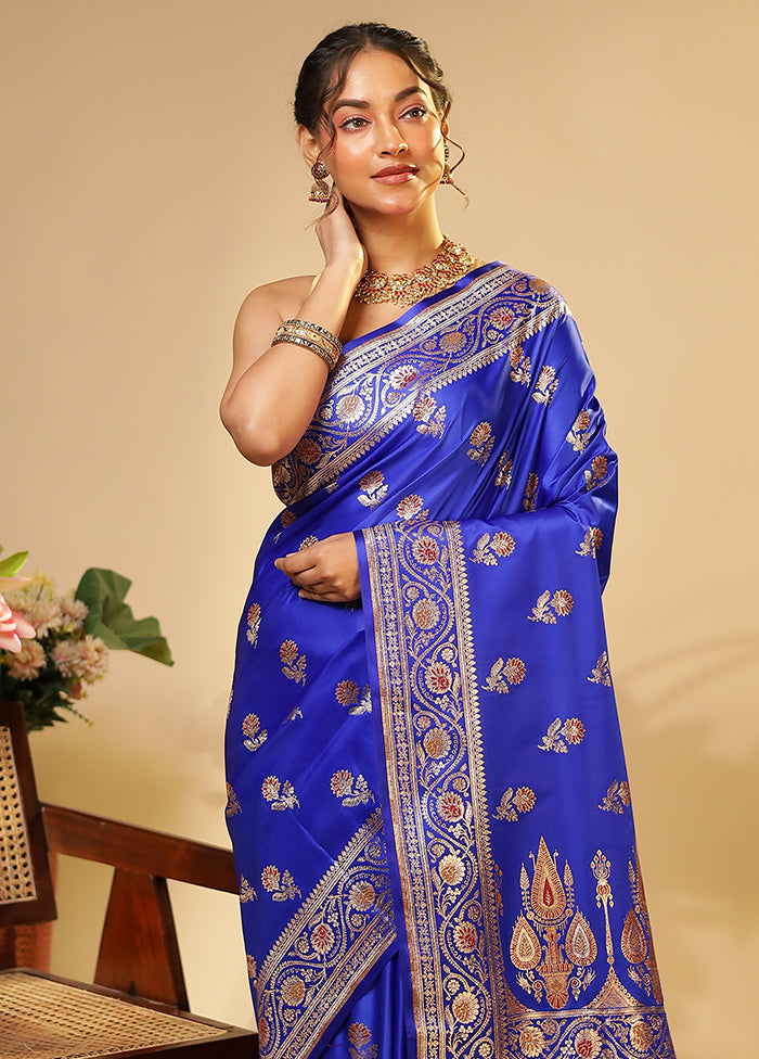 Blue Handloom Banarasi Pure Silk Saree With Blouse Piece