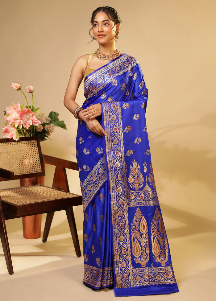 Blue Handloom Banarasi Pure Silk Saree With Blouse Piece