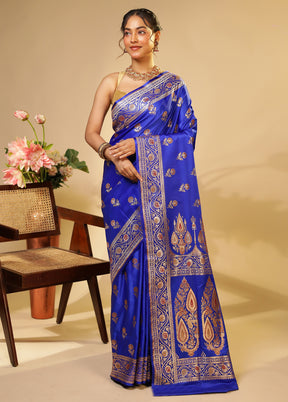 Blue Handloom Banarasi Pure Silk Saree With Blouse Piece