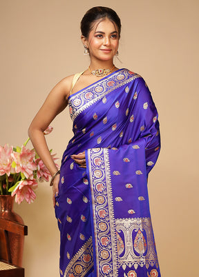 Blue Handloom Banarasi Pure Silk Saree With Blouse Piece