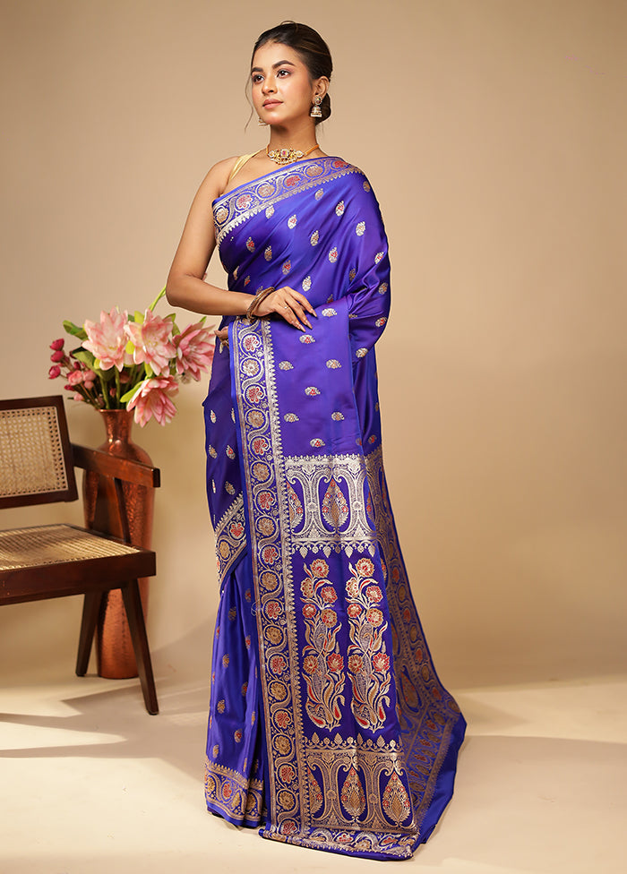 Blue Handloom Banarasi Pure Silk Saree With Blouse Piece