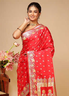 Red Handloom Banarasi Pure Silk Saree With Blouse Piece