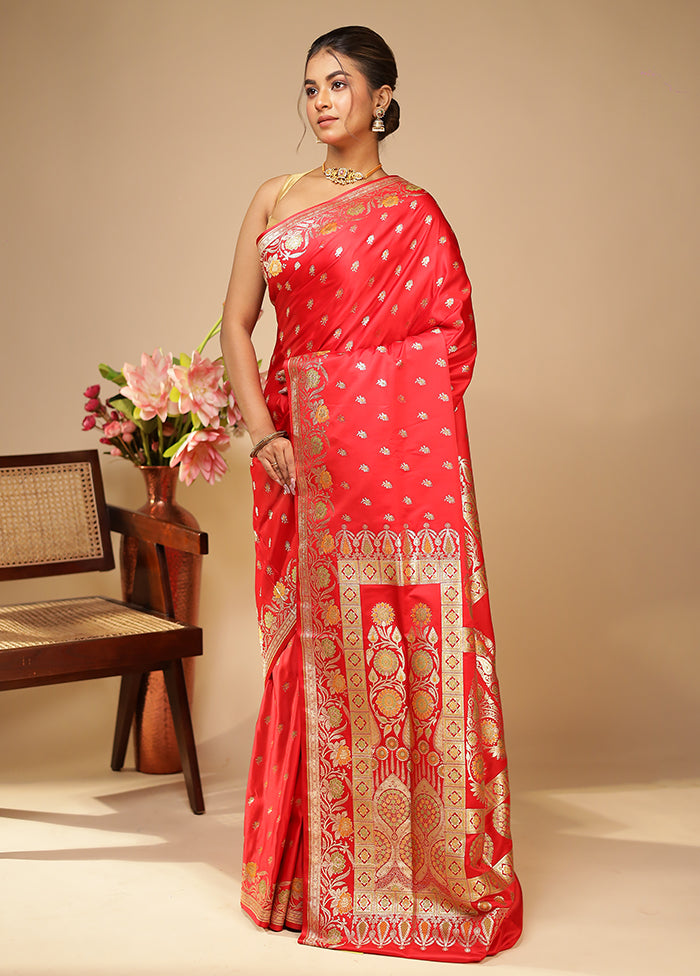 Red Handloom Banarasi Pure Silk Saree With Blouse Piece