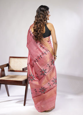 Pink Handloom Tussar Pure Silk Saree With Blouse Piece