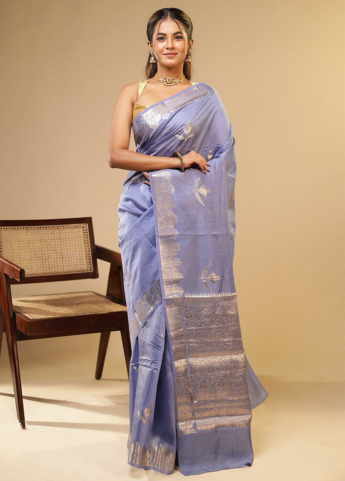 Blue Dupion Silk Saree With Blouse Piece