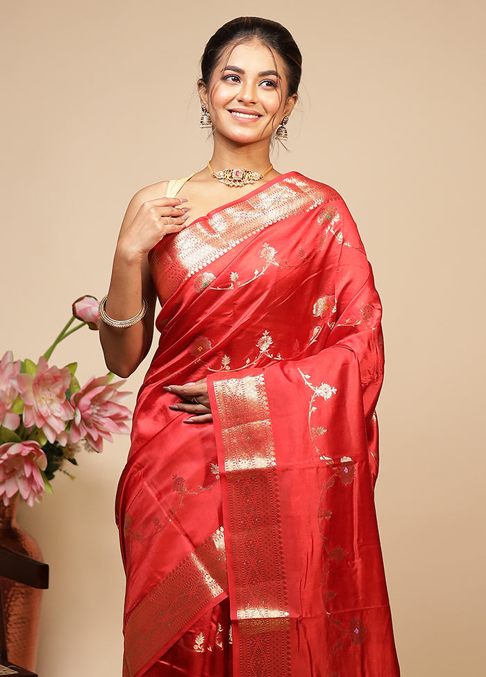 Red Dupion Silk Saree With Blouse Piece