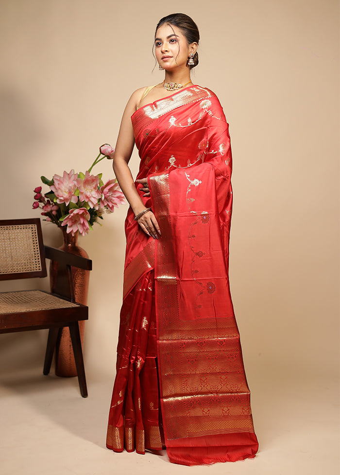 Red Dupion Silk Saree With Blouse Piece