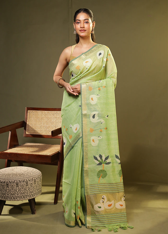 Green Linen Silk Saree With Blouse Piece